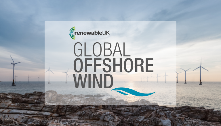 Image background: offshore wind turbines. RenewableUK logo. Global Offshore Wind