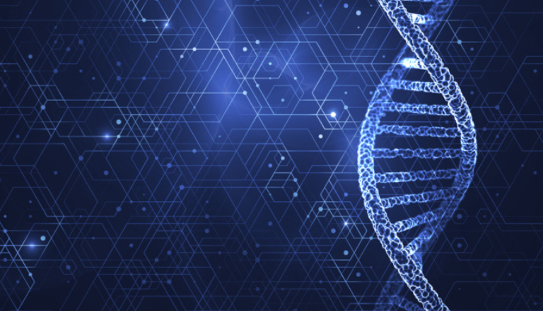 glowing blue DNA chromosome on dark blue background, from top right to bottom right, with a network of blue glowing orbs spread across the image background