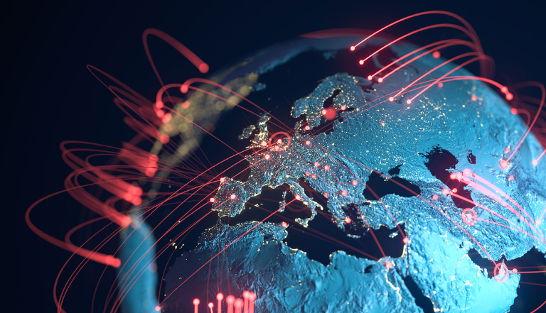 a digital view of earth from above, uk and europe are lit up, different points across the globe are connected by a red laser stretching from one red dot to another